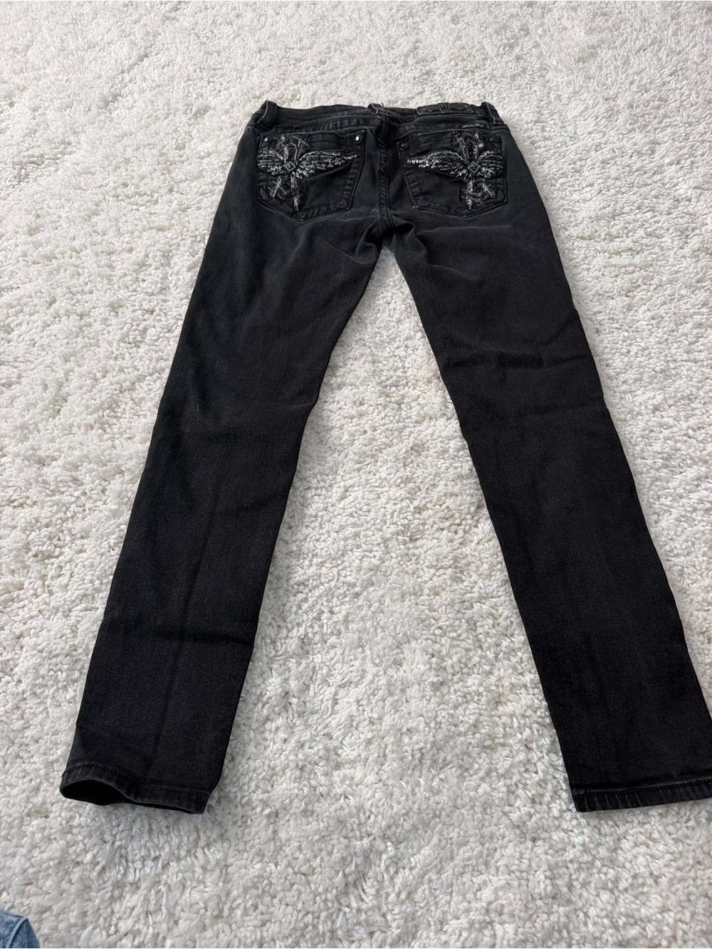 Miss Me Black Skinny Jeans with Silver Embroidered Wing Pockets